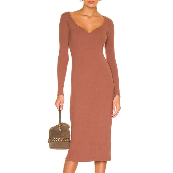 Lovers + Friends Dresses & Skirts - Lovers and Friends Womens Brown Ribbed Knit Midi Dress Size Small Long Sleeve